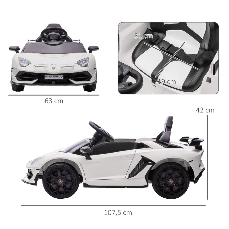 Carro Elétrico Lamborghini para Crianças de 37 a 60 Meses Carro Elétrico a Bateria 12V Velocidade Máxima 5km/h Controlo Remoto MP3 Luzes e Cinto de Segurança 107,5x63x42 cm Branco