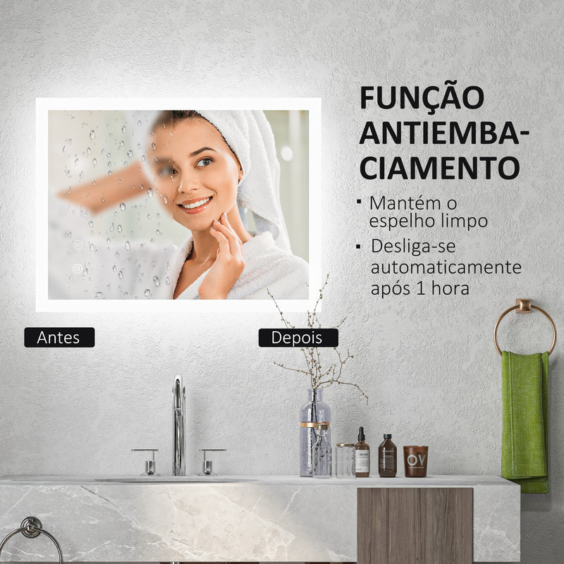 Espelho Casa de Banho com Luzes LED 70x50 cm Espelho de Parede com Função Antiembaciamento 3 Cores Função de Memória Interruptor Tátil e Classificação IP44 Horizontal ou Vertical Prata