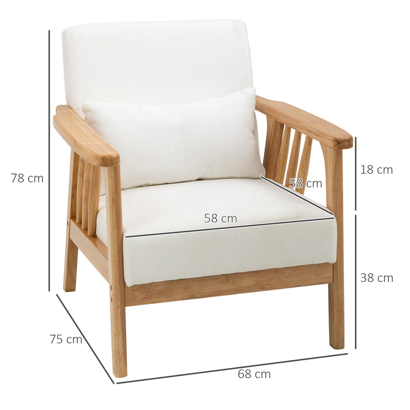 Poltrona de Sala de Estar Poltrona de Estilo Nórdico Estofado em Veludo com Almofada e Pés de Madeira de Borracha para Escritório Dormitório 68x75x78 cm Creme e Madeira