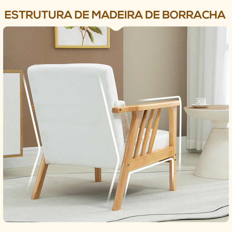 Poltrona de Sala de Estar Poltrona de Estilo Nórdico Estofado em Veludo com Almofada e Pés de Madeira de Borracha para Escritório Dormitório 68x75x78 cm Creme e Madeira