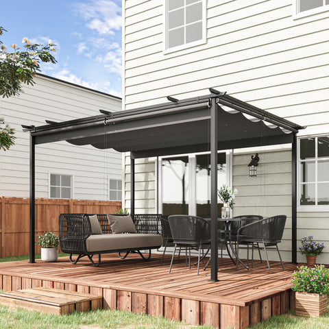 Pérgola de Jardim 3,95x2,95 cm Pérgola para Exterior com Teto Retrátil 4 Cortinas Enroláveis de Poliéster e Estrutura de Metal para Pátio Varanda Cinza Escuro