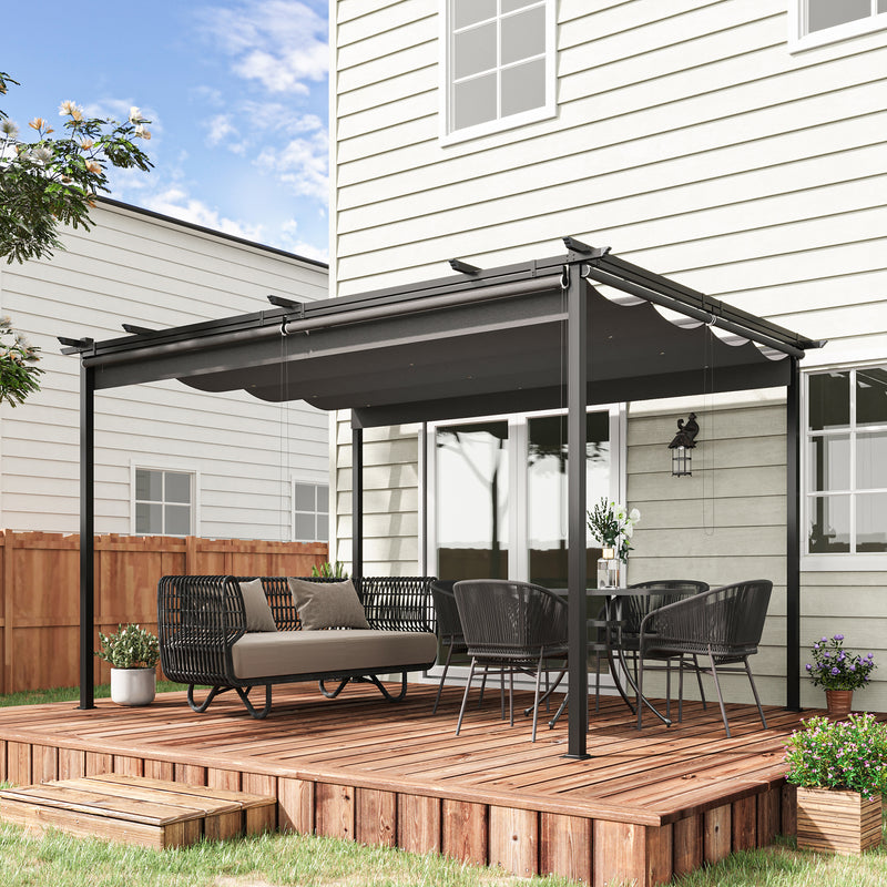 Pérgola de Jardim 3,95x2,95 cm Pérgola para Exterior com Teto Retrátil 4 Cortinas Enroláveis de Poliéster e Estrutura de Metal para Pátio Varanda Cinza Escuro