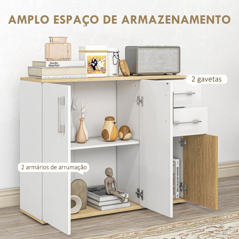 Aparador Sala de Estar Moderno Aparador de Cozinha com 2 Gavetas 2 Armários e Prateleiras Ajustáveis para Dormitório Sala de Jantar Entrada 90x30x75,5 cm Branco e Madeira