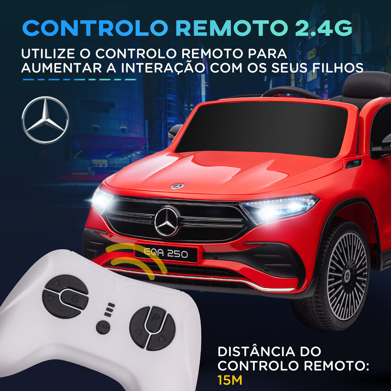 Carro Elétrico para Crianças Mercedes-Benz EQA Carro a Bateria 12V com Controlo Remoto Música Buzina Velocidade 3-8 km/h para Crianças 3-8 Anos 111,5x69x52,5 cm Vermelho