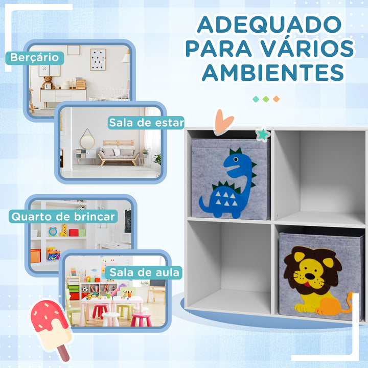 Estante para Brinquedos Estante para Crianças acima de 3 Anos com 4 Compartimentos de Armazenamento e 2 Caixas de Tecido não Tecido com Desenho de Animais 61,8x29,9x61,8 cm Branco e Cinza