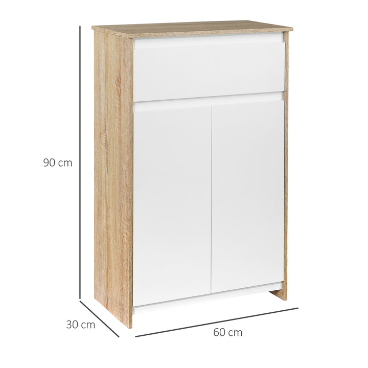 Móvel Auxiliar Casa de Banho com 1 Gaveta e 2 Portas Armário Casa de Banho de Estilo Moderno Anti-Tombo 60x30x90cm Branco e Madeira