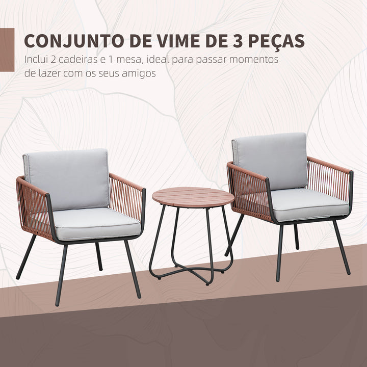Conjunto de Móveis de Jardim de Vime 3 Peças Conjunto de Móveis de Varanda Incluí 1 Mesa de Centro e 2 Poltronas com Almofadas Acolchoadas Teca e Cinza