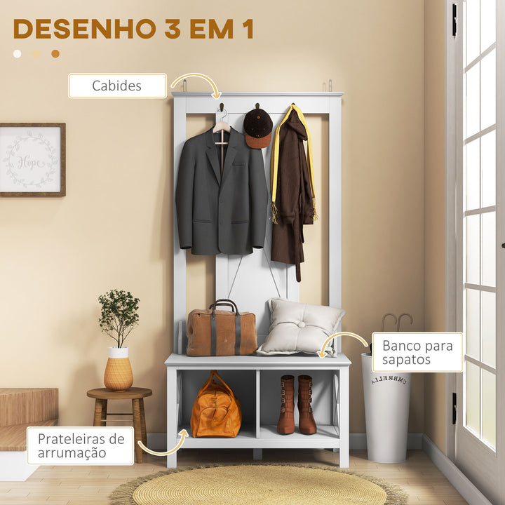 Móvel Cabide de Entrada de Madeira Móvel de Entrada com Banco 2 Prateleiras e 3 Ganchos para Pendurar Roupa Bolsas para Corredor Entrada 80,5x40x168 cm Branco