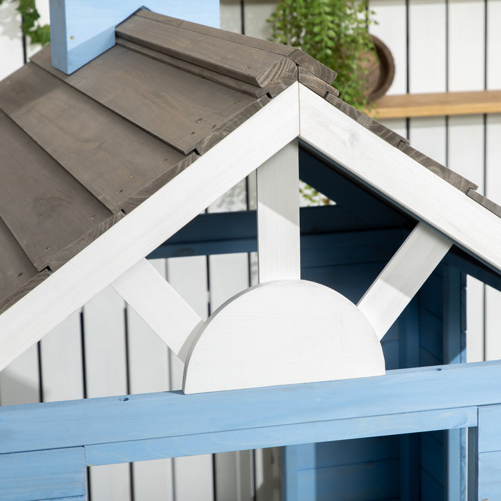 Casa de Madeira para Crianças Casa de Madeira Infantil Exterior para Crianças de 3-7 Anos com Porta Janelas Vasos e Cercas Laterais 151x112,5x142 cm Azul