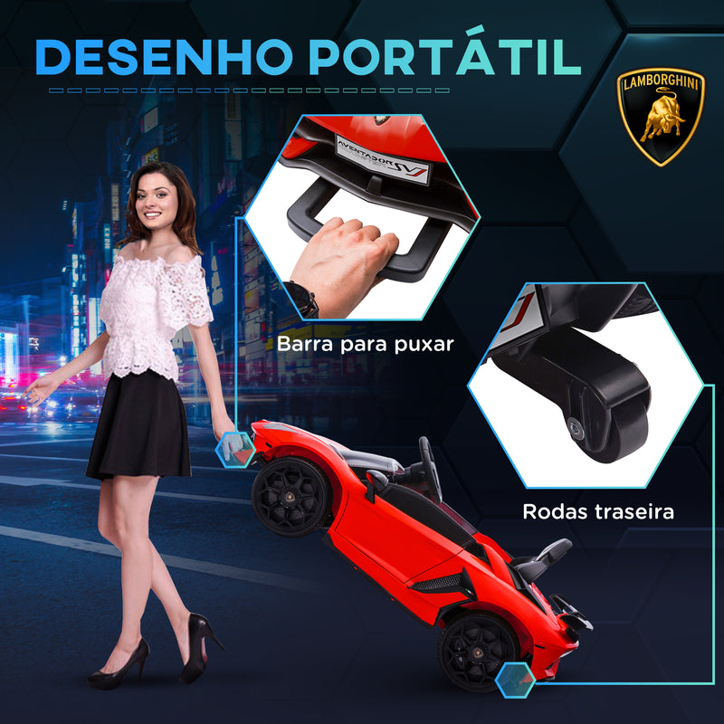 Carro Elétrico Lamborghini para Crianças de 37 a 60 Meses Carro Elétrico a Bateria 12V Velocidade Máxima 5km/h Controlo Remoto MP3 Luzes e Cinto de Segurança 107,5x63x42 cm Vermelho