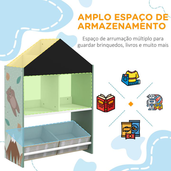 Estante para Brinquedos Organizador Infantil com Prateleiras Abertas e 2 Caixas de Tecido não Tecido Amovíveis para Sala de Jogos Dormitório Escola Infantil 62,4x26,5x90 cm Verde