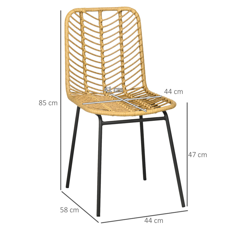 Conjunto de 2 Cadeiras Sala de Jantar de Vime Sintético Cadeiras de Cozinha de Vime com Pés de Aço para Sala de Jantar Dormitório Carga 120 kg 44x58x85 cm Madeira e Preto