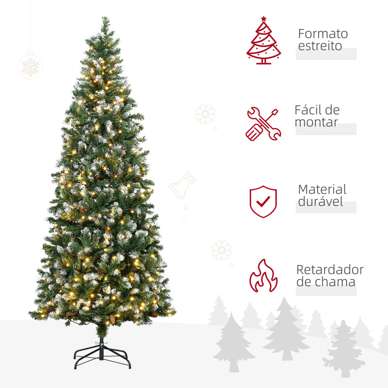 Árvore de Natal Artificial com Luzes LED Altura 230 cm Árvore de Natal Slim com 1051 Ramos 45 Pinhas e Base Dobrável Ø100x230 cm Verde