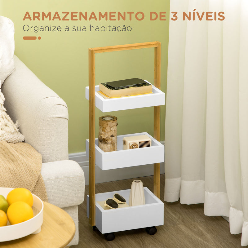 Carrinho de Armazenamrento de Bambu Carrinho Auxiliar com Rodas Carrinho de Cozinha com 3 Cestos e Alça para Sala de Estar Casa de Banho 28x18x75 cm Branco e Madeira