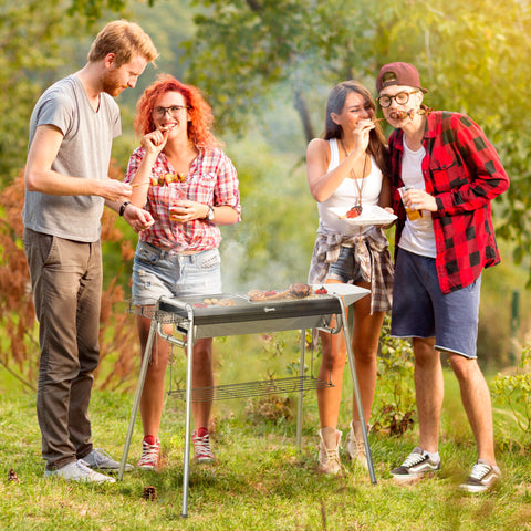 Barbecue a Carvão Barbecue Portátil com Grelha de Aço Inoxidável Prateleira para Temperos e Prateleira de Armazenamento para Jardim Campismo 96x61x72 cm Preto