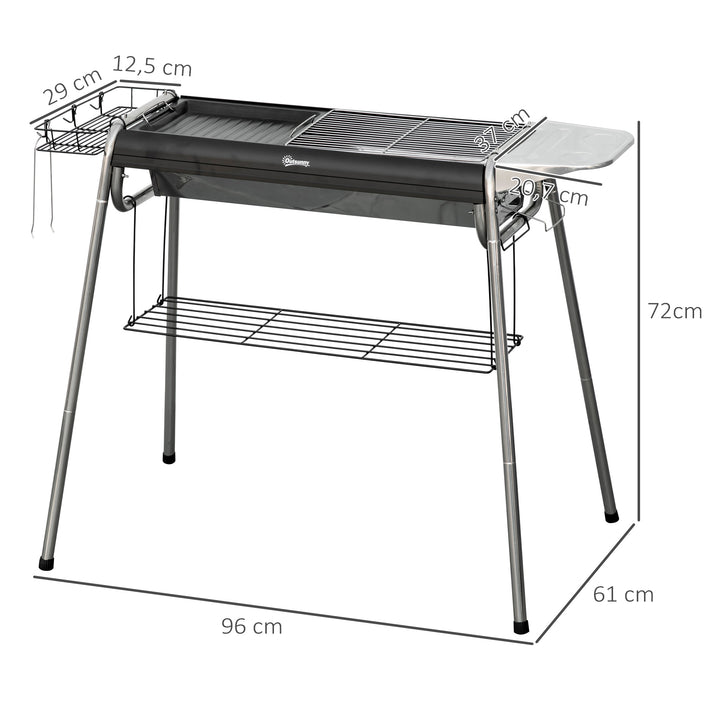 Barbecue a Carvão Barbecue Portátil com Grelha de Aço Inoxidável Prateleira para Temperos e Prateleira de Armazenamento para Jardim Campismo 96x61x72 cm Preto