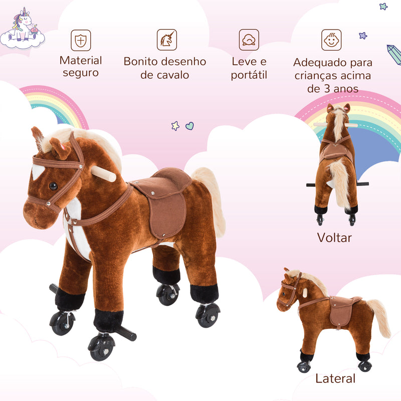 Cavalo para Crianças acima de 36 Meses Cavalo com Rodas Sons de Relincho e Pedais Carga Máxima 60 kg 55x23x60 cm Marrom