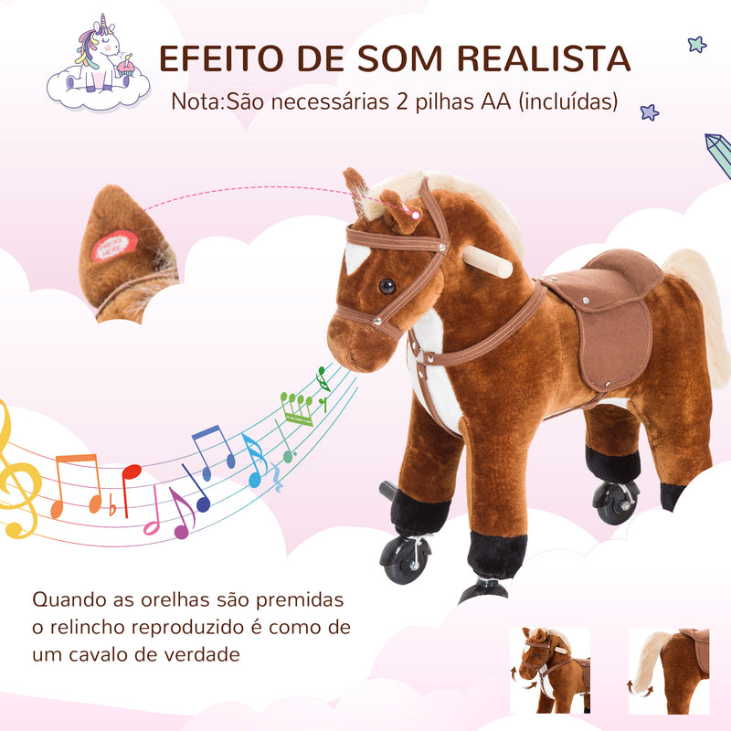 Cavalo para Crianças acima de 36 Meses Cavalo com Rodas Sons de Relincho e Pedais Carga Máxima 60 kg 55x23x60 cm Marrom