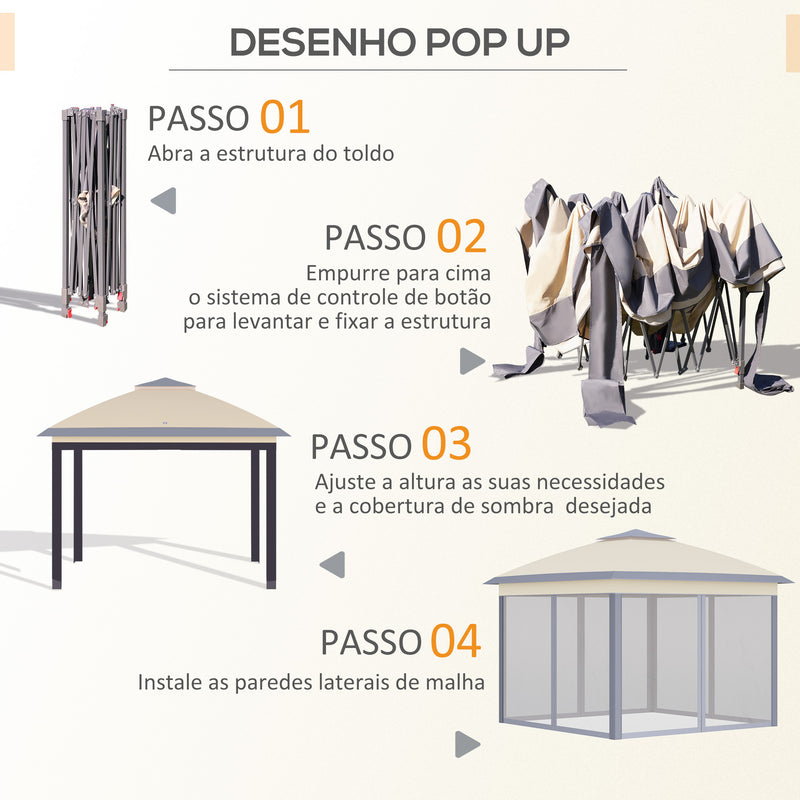 Pérgola Dobrável Exterior 3,3x3,3 m com Altura Ajustável Pérgola de Jardim com Teto Duplo 4 Mosquiteiras Removíveis e Bolsa de Transporte para Acampamento Festas Bege