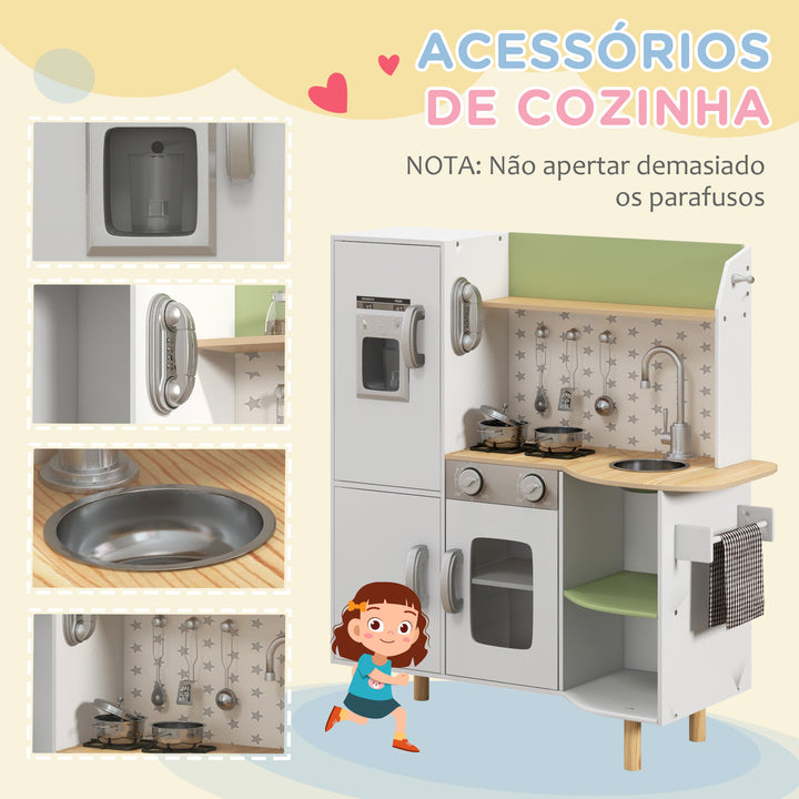 Cozinha de Madeira para Crianças de 3-6 Anos Cozinha Infantil com Máquina de Gelo Lavatório de Aço Inoxidável e Utensílios 84x34x89 cm Branco