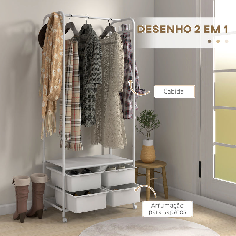 Charriot com Sapateiro Moderno 8 Ganchos e 4 Cestos para Armazenamento Charriot de Entrada com Rodas e Estrutura de Aço para Sala de Estar Dormitório Corredor 63x37x153 cm Branco