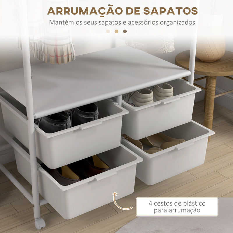 Charriot com Sapateiro Moderno 8 Ganchos e 4 Cestos para Armazenamento Charriot de Entrada com Rodas e Estrutura de Aço para Sala de Estar Dormitório Corredor 63x37x153 cm Branco