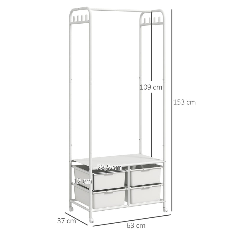 Charriot com Sapateiro Moderno 8 Ganchos e 4 Cestos para Armazenamento Charriot de Entrada com Rodas e Estrutura de Aço para Sala de Estar Dormitório Corredor 63x37x153 cm Branco