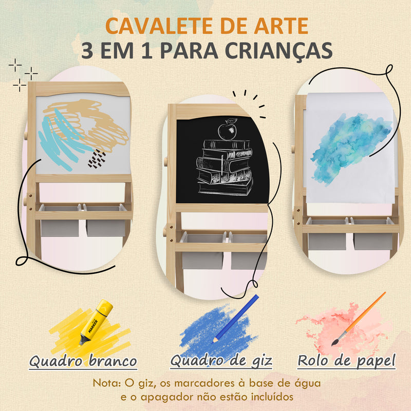 Cavalete para Crianças 3 em 1 Cavalete Duplo com Quadro preto e Quadro Branco Cavalete de Madeira para Desenhos com Rolo de Papel e 2 Cestas 58x50,5x109 cm Madeira