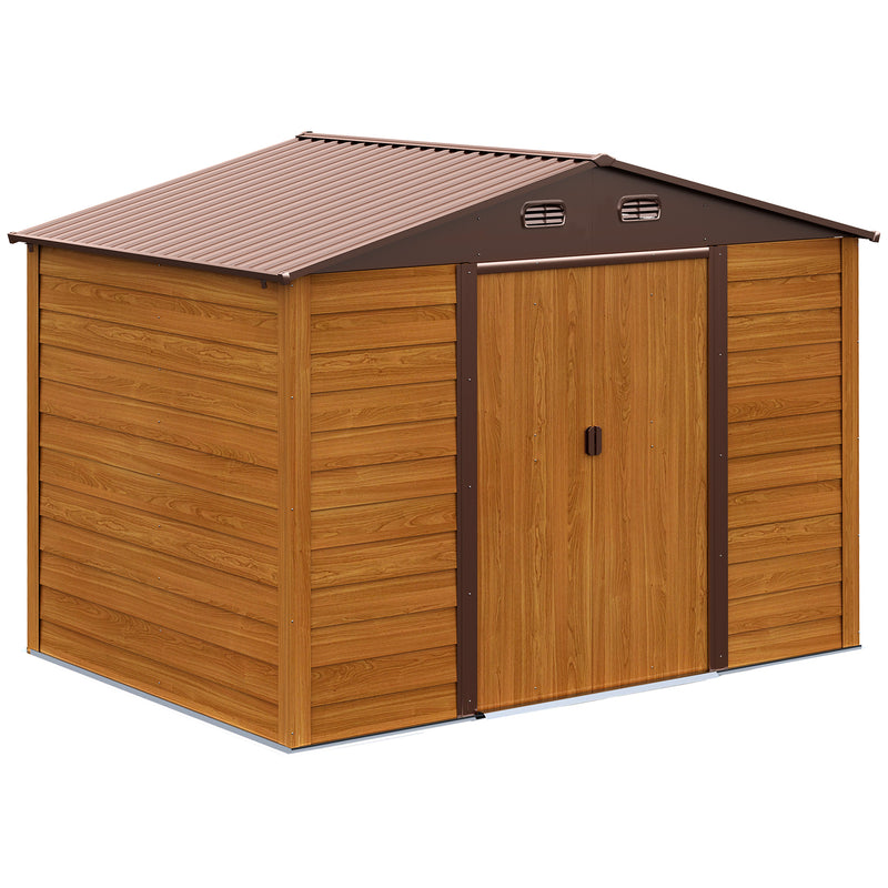 Abrigo de Jardim Exterior 5,4 m² 278x195x215 cm Abrigo de Jardim Metálico com 2 Portas de Correr e 4 Janelas de Ventilação para Armazenamento de Ferramentas Madeira e Marrom