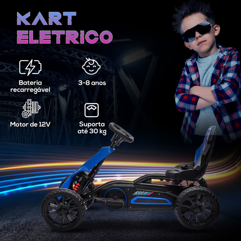 Go Kart Carro Elétrico para Crianças de 3 a 8 Anos Kart a Bateria 12V Velocidade Ajustável 3-5 km/h e Cinto de Segurança Carga 30 kg para Exterior 100x58x58,5 cm Azul