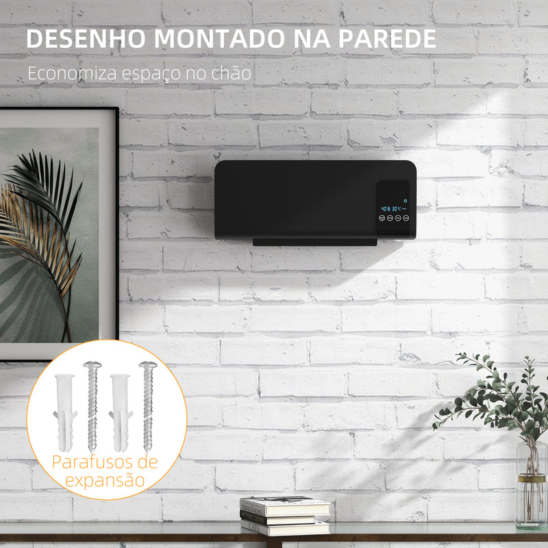 Aquecedor Elétrico de Parede 1000W/2000W Aquecedor com Ecrã LED Controlo Remoto Termostato Temporizador para Áreas de 15-20 m² 54,5x12x21,5 cm Preto