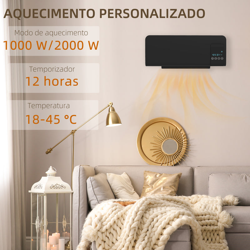 Aquecedor Elétrico de Parede 1000W/2000W Aquecedor com Ecrã LED Controlo Remoto Termostato Temporizador para Áreas de 15-20 m² 54,5x12x21,5 cm Preto