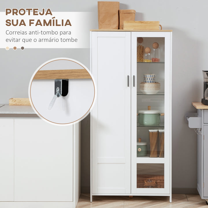 Armário de Cozinha Móvel Auxiliar de Cozinha com Porta de Vidro Prateleiras Ajustáveis e Pés Elevados para Sala de Estar Sala de Jantar 76x36x160 cm Branco