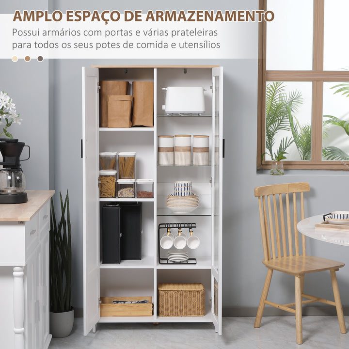 Armário de Cozinha Móvel Auxiliar de Cozinha com Porta de Vidro Prateleiras Ajustáveis e Pés Elevados para Sala de Estar Sala de Jantar 76x36x160 cm Branco