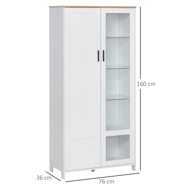 Armário de Cozinha Móvel Auxiliar de Cozinha com Porta de Vidro Prateleiras Ajustáveis e Pés Elevados para Sala de Estar Sala de Jantar 76x36x160 cm Branco