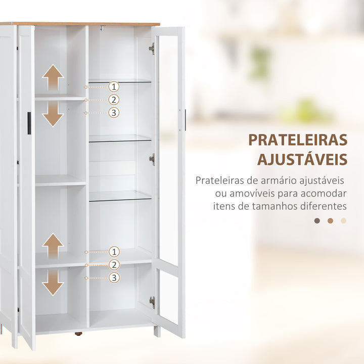 Armário de Cozinha Móvel Auxiliar de Cozinha com Porta de Vidro Prateleiras Ajustáveis e Pés Elevados para Sala de Estar Sala de Jantar 76x36x160 cm Branco