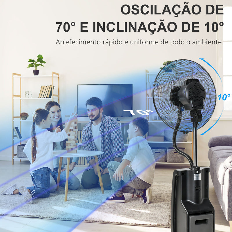 Ventoinha Nebulizadora 90W com Oscilação Controlo Remoto 5 Lâminas Depósito de Água 3,1L 3 Velocidades Temporizador e Rodas 44,5x44,5x135 cm Preto