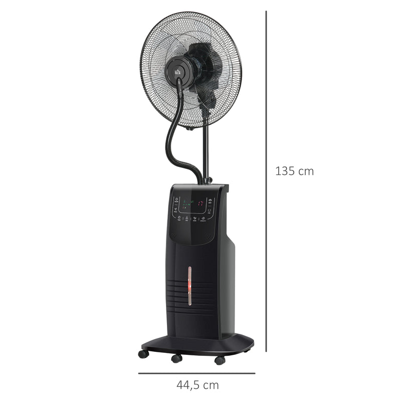 Ventoinha Nebulizadora 90W com Oscilação Controlo Remoto 5 Lâminas Depósito de Água 3,1L 3 Velocidades Temporizador e Rodas 44,5x44,5x135 cm Preto