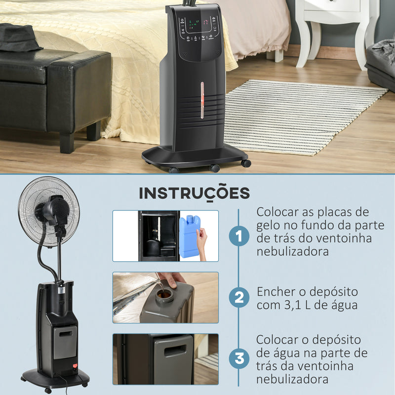 Ventoinha Nebulizadora 90W com Oscilação Controlo Remoto 5 Lâminas Depósito de Água 3,1L 3 Velocidades Temporizador e Rodas 44,5x44,5x135 cm Preto