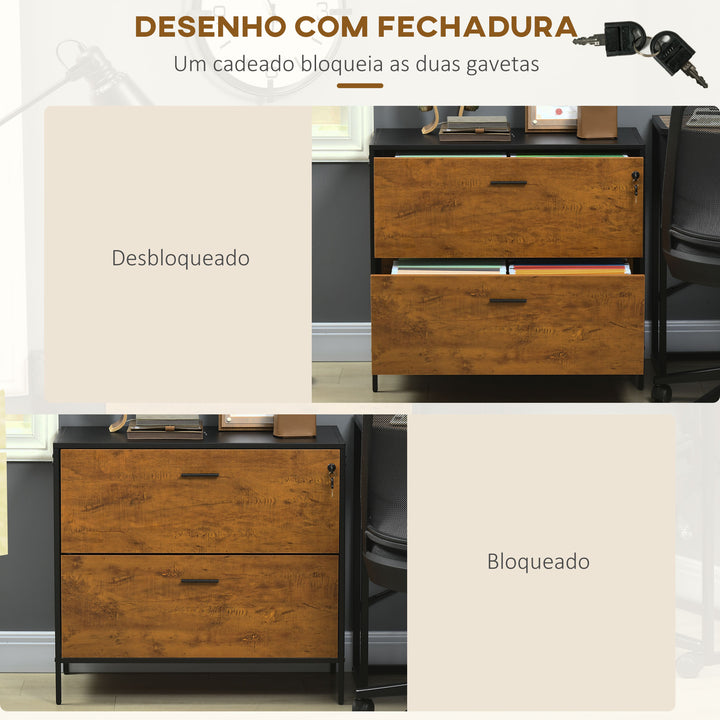 Móvel Arquivo para Escritório com 2 Gavetas Bloco de Gavetas para Arquivos com Fechadura para Pastas Suspensas Tamanho A4 e Carta 80x39x73,5 cm Preto e Marrom