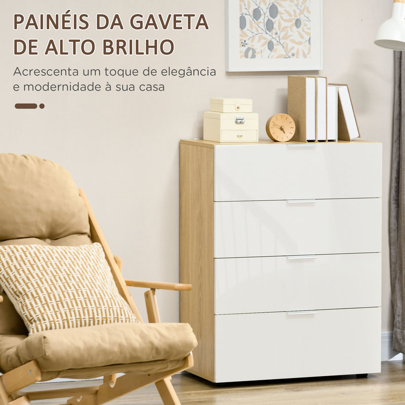 Cómoda com 4 Gavetas de Alto Brilho Cómoda de Madeira para Dormitório Sala de Estar Escritório Estilo Moderno 70x35x92 cm Branco e Madeira