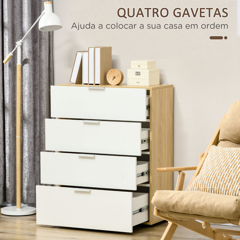 Cómoda com 4 Gavetas de Alto Brilho Cómoda de Madeira para Dormitório Sala de Estar Escritório Estilo Moderno 70x35x92 cm Branco e Madeira