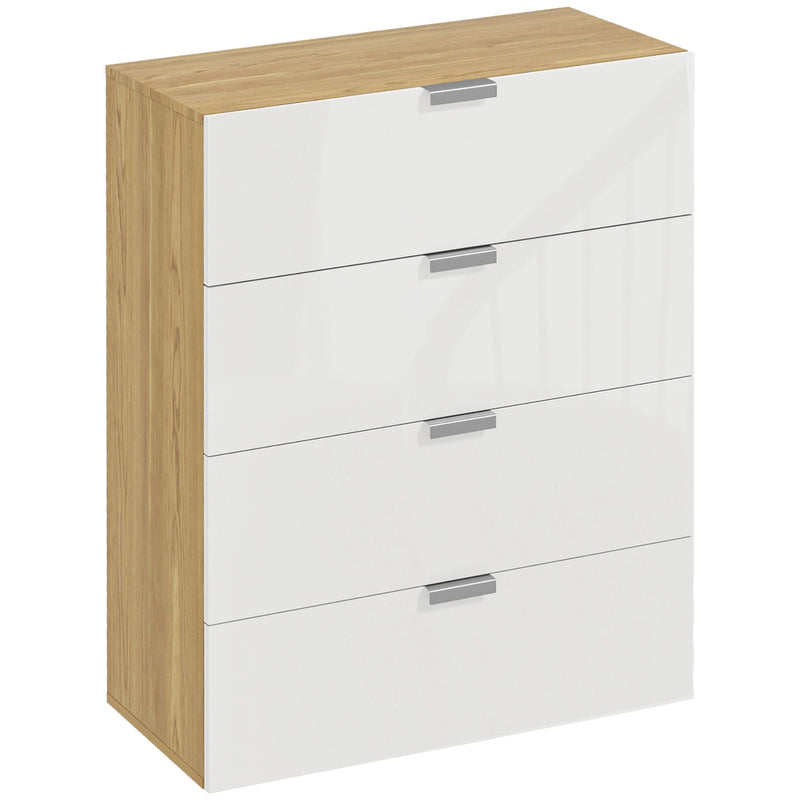 Cómoda com 4 Gavetas de Alto Brilho Cómoda de Madeira para Dormitório Sala de Estar Escritório Estilo Moderno 70x35x92 cm Branco e Madeira