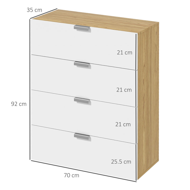 Cómoda com 4 Gavetas de Alto Brilho Cómoda de Madeira para Dormitório Sala de Estar Escritório Estilo Moderno 70x35x92 cm Branco e Madeira