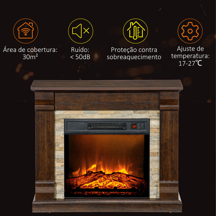 Lareira Elétrica 1800W Lareira com Efeito de Chama Realista Controlo Remoto Temporizador e Proteção Contra Superaquecimento para Ambientes de 30 m² 80x21,6x67,8 cm Marrom