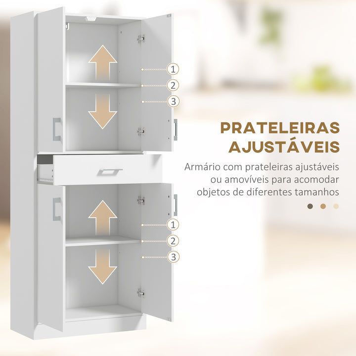 Armário de Cozinha Móvel de Cozinha com 4 Portas 1 Gaveta e Prateleiras Ajustáveis Anti-Tombo Armário de Cozinha Moderno para Sala de Jantar Sala de Estar 70,8x34x180 cm Branco