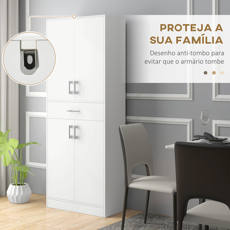 Armário de Cozinha Móvel de Cozinha com 4 Portas 1 Gaveta e Prateleiras Ajustáveis Anti-Tombo Armário de Cozinha Moderno para Sala de Jantar Sala de Estar 70,8x34x180 cm Branco