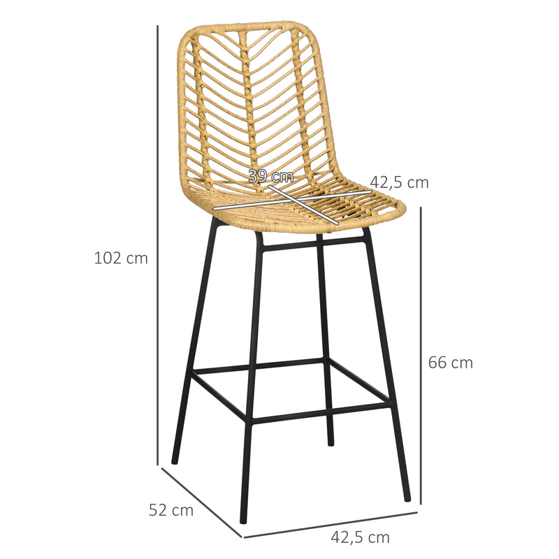 Bancos Altos de Cozinha Conjunto de 2 Bancos de Vime Sintético Bancos de Bar Modernos com Pés de Aço Carga Máxima 120 kg 42,5x52x102 cm Madeira e Preto