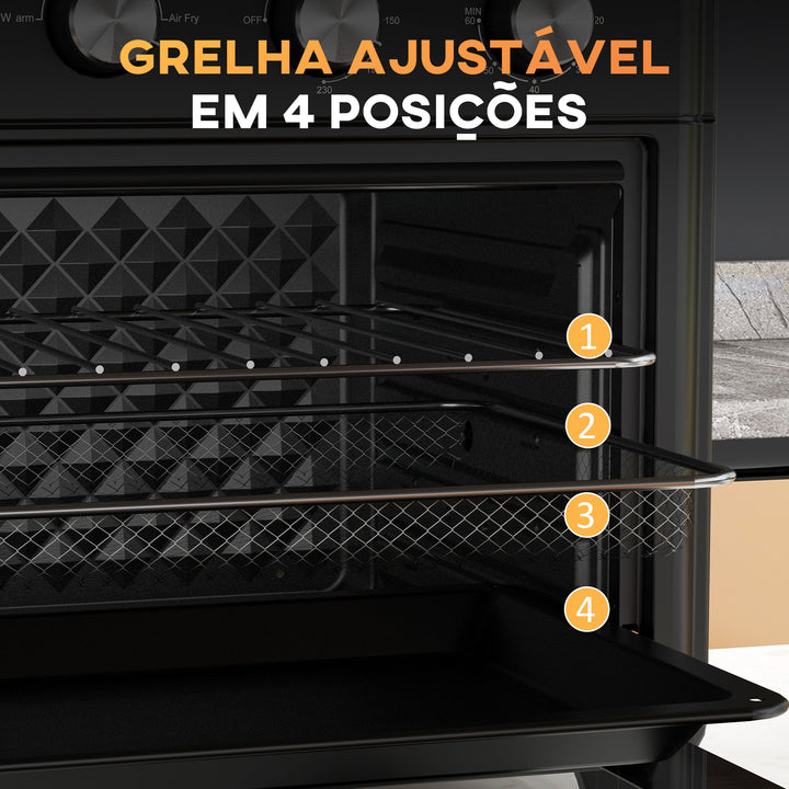 Mini Forno Elétrico Multifuncional Mini Forno Elétrico de 30L 1600W Mini Forno de Convecção com 7 Modos Temporizador e Temperatura Ajustável 43x39x39 cm Preto