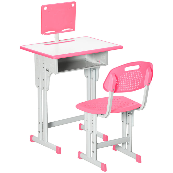 Conjunto de Secretária e Cadeira para Crianças de 6-12 Anos Secretária Infantil com Altura Ajustável 1 Gaveta 1 Suporte para Lápis e 1 Prateleira para Livros 60x45x90-120 cm Rosa